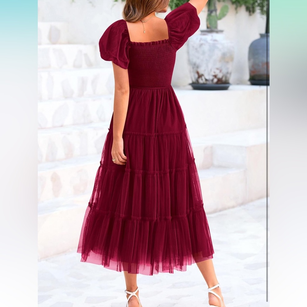 Smocked Tulle Midi Dress | 2025 Summer | Square Neck | Puffy Short Sleeve - Picture 3 of 7